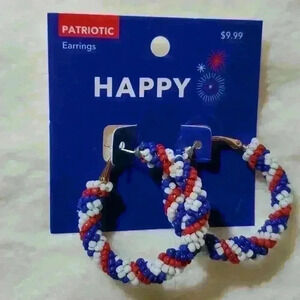 Beaded Patriotic Red White and Blue Hoop Earrings